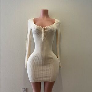 Elegant Cream Ribbed Knit Dress